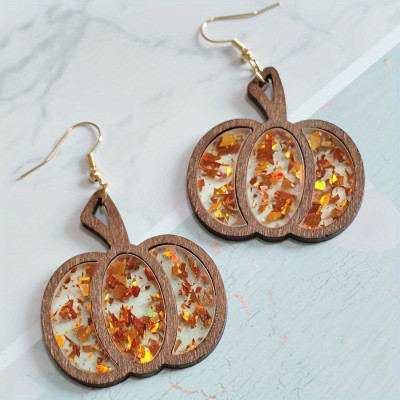 ​Fall Pumpkin Earrings - Handmade Wooden Earrings with Glitter