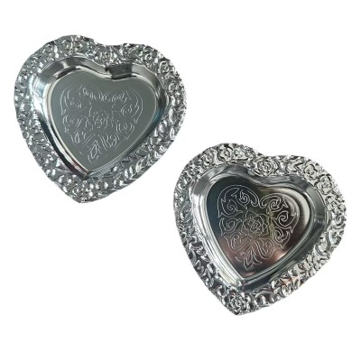 10-Pack Jewelry Tray Heart Shaped Metal Trinket Dish, 4" Floral Etched Catchall for Rings & Keys, Romantic Vnity Decor Organizer