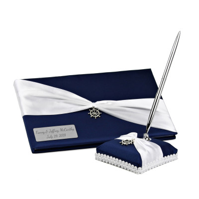 Navy Blue Personalized Wedding Guestbook and Pen Set with Antique Silver Charm