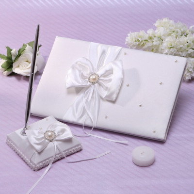 Pearl & Bow Guest Book and Pen Set for Weddings