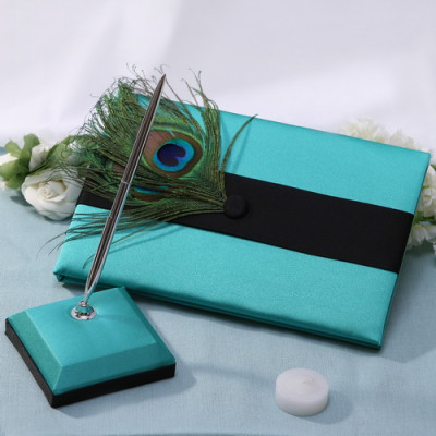 Peacock Feathers Wedding Book and Pen Set