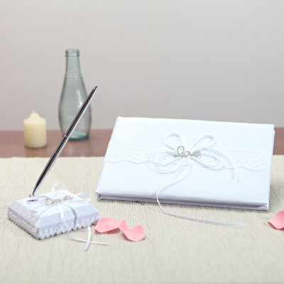 True Love Satin Wedding Guestbook and Pen Stand Set