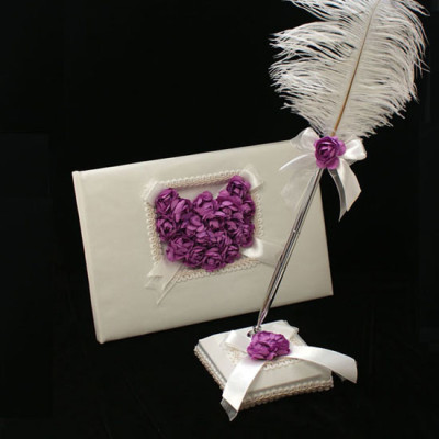 Roses & Heart Bridal Guest Book and Ostrich Feather Quill Signing Pen Set