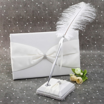 Sash Rhinestone Bridal Guest Book and Feather Pen Set