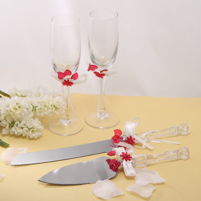 Wedding Toasting Flutes and Cake Knife Server Gift Set - Red Acrylic Leaves