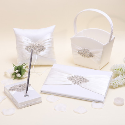Jeweled Ivory Satin Wedding Ring Pillow, Flower Basket, Guestbook and Pen Base